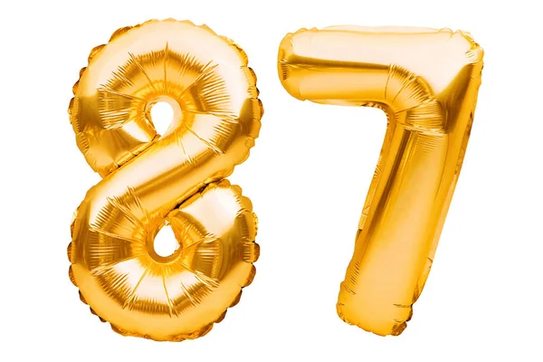 Číslo Osmdesát Sedm Zlatých Nafukovacích Balónků Izolovaných Bílém Heliové Balónky — Stock fotografie