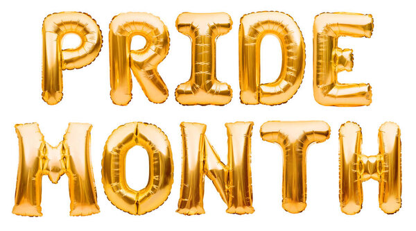 Inflatable golden balloons, letters forming words PRIDE MONTH isolated on white background. LGBT, carnival pride, holiday card, party, freedom, free love concept