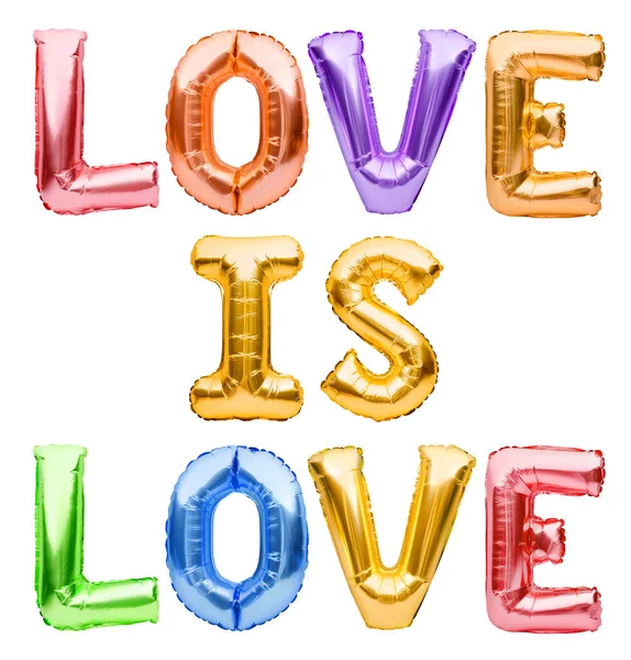 Phrase Love Is Love made from inflatable golden balloons. Pride day concept, free love, balloon lettering for LGBT Rights, Pride Month. Quote for posters, cards, t shirts, banners, social media