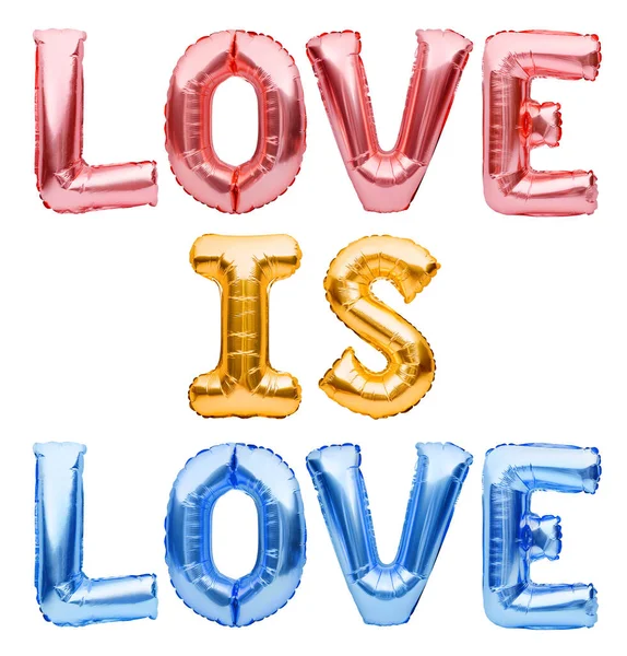 爱情是用充气的金色气球制成的爱情 骄傲日的概念 自由的爱 气球字母Lgbt权利 骄傲月 T恤衫 社交媒体的报价 — 图库照片