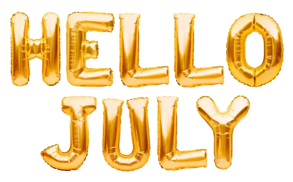 Beyazın üzerinde izole edilmiş altın şişirilebilir balonlardan yapılmış merhabalar. Helyum altın folyo balonları yaz mesajı oluşturur, merhaba Temmuz kelimeleri. Aylar süren balon serisi, kutlama, etkinlik veya tarih kavramı.