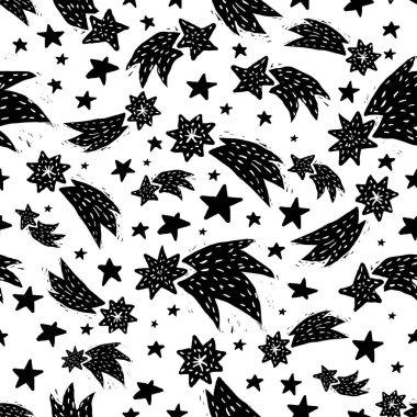 Beyaz zemin üzerinde siyah kayan yıldızlar şeklinde kusursuz vektör deseni. El çizimi tarzı. Boşluk vektör deseni pürüzsüz.