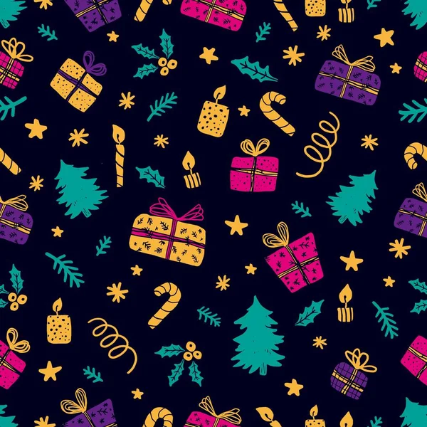 Noel vektörü, ağaç, hediye, mum, kutsal konfeti, kar ve yıldızlı kusursuz desen. Vektör kusursuz illüstrasyon.