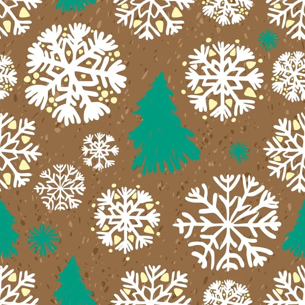 Bezproblémový vzor bílých sněhových vloček a zelených vánočních stromků na pozadí papíru Kraft. Styl náčrtku. — Stockový vektor