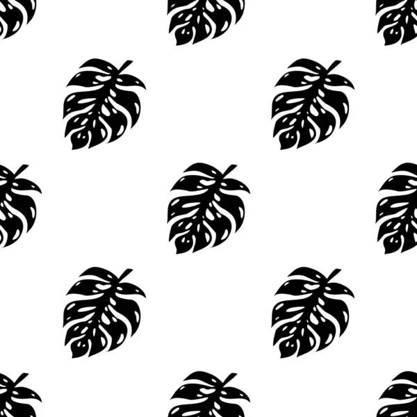 Kusursuz siyah yapraklı canavar deseni. Tropik palmiye yaprakları. Vektör arkaplanı. Elle çizilmiş egzotik bitkilerle güzel bir iz..