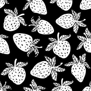 Çilekli meyve vektörü çilek. Tekstil baskıları, kartlar, tasarım için kusursuz desenler. Düz stil çilek, vektör. Kusursuz arkaplan resimli çilek deseni.