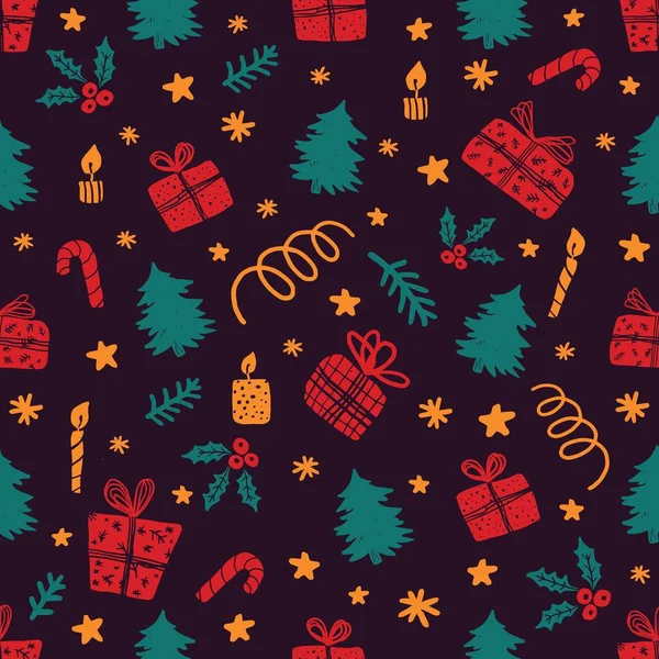 Noel vektörü, ağaç, hediye, mum, kutsal konfeti, kar ve yıldızlı kusursuz desen. Kusursuz bir illüstrasyon. Tebrik Albümü Şablonu. Tebrikler.