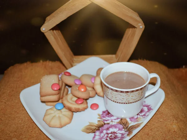 Nicely Decorated Plate Cookies Coffee — Stock Photo, Image