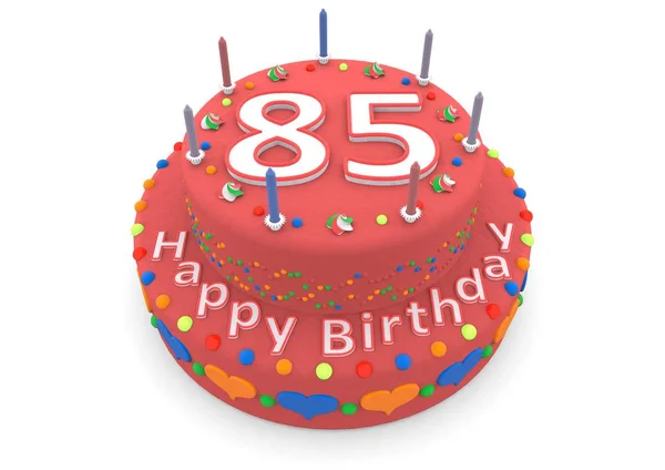 Pastel rojo con feliz cumpleaños y la edad — Foto de Stock