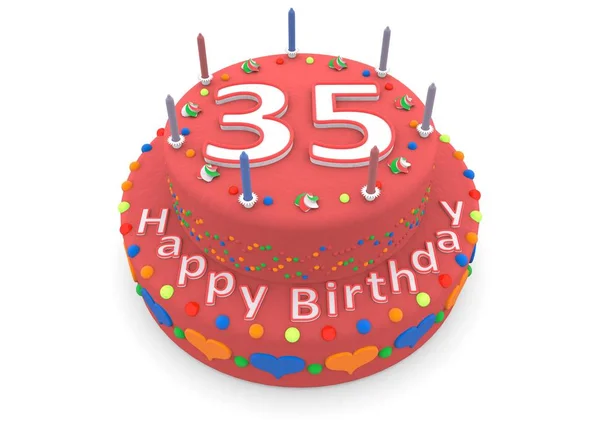 Pastel rojo con feliz cumpleaños y la edad — Foto de Stock