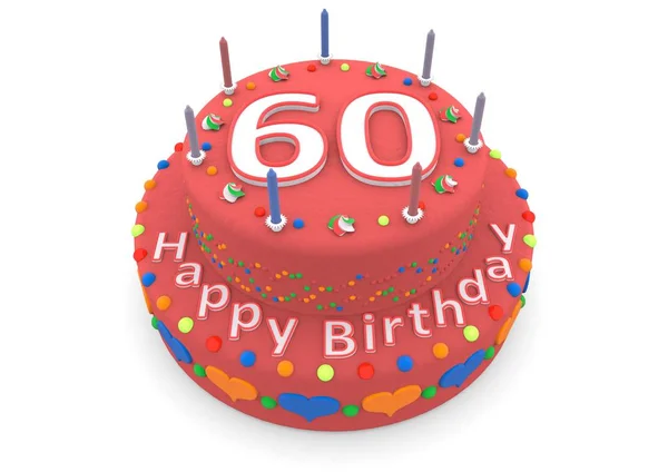Bolo vermelho com feliz aniversário e a idade — Fotografia de Stock