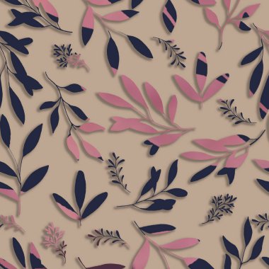 Yaprakları ve çiçekleri olan dikişsiz çiçek deseni. Karalama süsü.