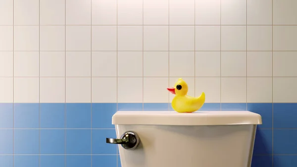 3D ілюстрація жовтої гумової іграшкової качки, що сидить на баку в туалеті, з синьо-білим кольором плитки фону Ліцензійні Стокові Фото