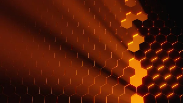 3D ilustracja abstrakcyjnej tapety tła z brązowymi sześciokątami na świecącym gorącym tle, światło świecące przez szczeliny Obrazek Stockowy