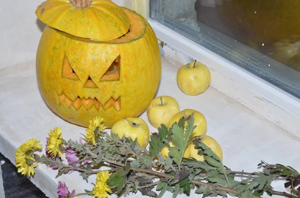 Naturaleza Muerta Otoño Con Calabazas Flores —  Fotos de Stock