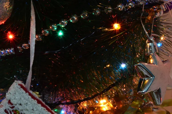 Bir Yıldızı Boncukları Işıkları Olan Noel Ağacı Dalı — Stok fotoğraf