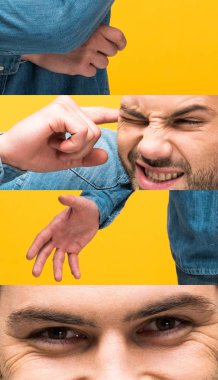 collage of man in denim shirt grimacing and gesturing isolated on yellow clipart