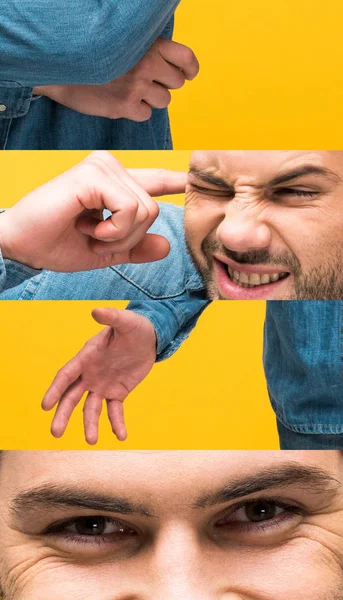 Collage Man Denim Shirt Grimacing Gesturing Isolated Yellow — Stockfoto