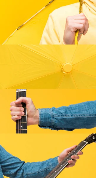 Колаж Людини Тримає Акустичну Гітару Парасольку Ізольовані Жовтому — стокове фото