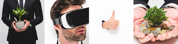 collage of man with houseplant, money tree, thumb up and vr headset on white and grey background