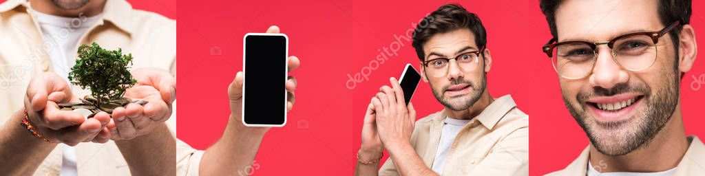 Collage of smiling man in eyeglasses with money tree and smartphone isolated on red — Stock Image Collage Smiling Man Eyeglasses Money Tree Smartphone Isolated Red Stock Image