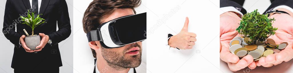 Collage of man with houseplant, money tree, thumb up and vr headset on white and grey background — Stock Image Collage Man Houseplant Money Tree Thumb Headset White Grey Background Royalty Free Stock Photos
