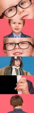 collage of emotional boy in eyeglasses on pink and blue background clipart