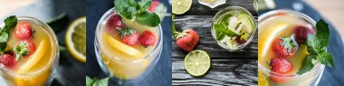 Çayın çilek, limon ve nane yapraklı kolajı mojito kokteylinin yanında. 
