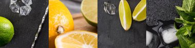 dilimlenmiş limon kolajı, buz küpleri ve siyah üzerine lezzetli portakallar. 