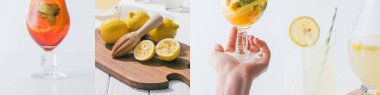 collage of woman holding glass with drink, squeezed lemons on cutting board and drinks  clipart