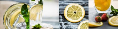 Kokteyllerin yanında limon, çilek ve taze nane yaprakları kolajı. 