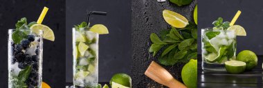 collage of tasty cocktails with blueberries, limes, mint leaves and ice cubes  clipart