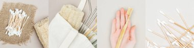 collage of man holding wooden toothbrush, towel with metallic straws and clean cotton swabs, eco friendly concept  clipart