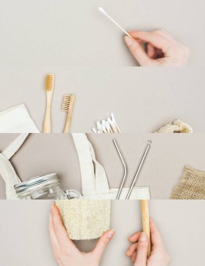 Pamuklu çubuk, lif, ahşap diş fırçası, metal pipetler, çanta ve cam şişe tutan kadın kolajı, çevre dostu kavram 