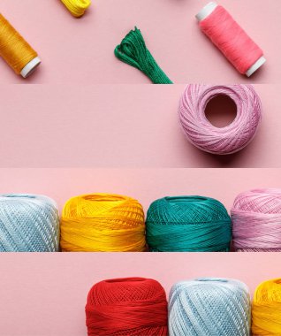 Pembe dikiş konseptine izole edilmiş renkli pamuk iplik makaraları kolajı