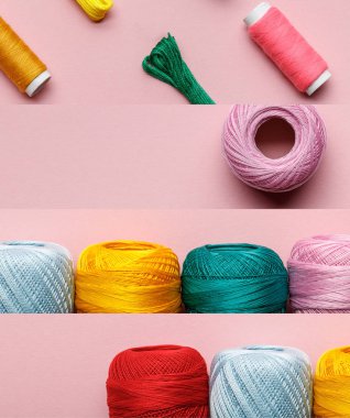 collage of colorful cotton thread spools isolated on pink, sewing concept clipart
