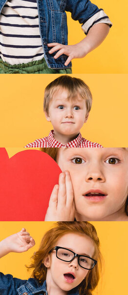 collage of children grimacing and showing different emotions isolated on yellow