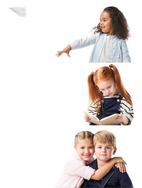 Collage Bambini Che Abbracciano Bambini Rossi Che Leggono Libri Bambini — Foto Stock