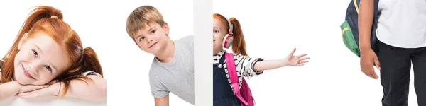 Collage Van Gelukkige Schoolkinderen Met Rugzakken Geïsoleerd Wit — Stockfoto
