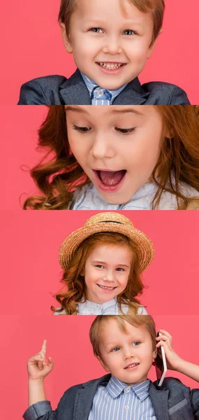 Collage Emotional Kids Isolated Pink — Stock Photo, Image