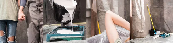Collage Couple Tenant Main Seau Avec Peinture Blanche Fluide Outils — Photo