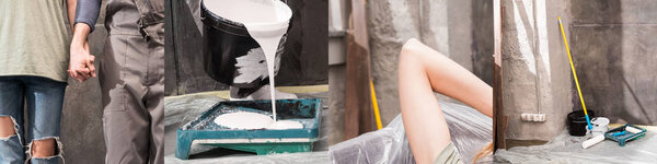 collage of couple holding hands, bucket with white flowing paint and renovation tools