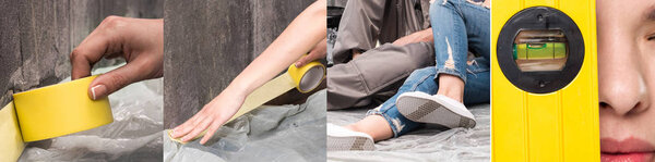 collage of couple using Scotch tape and level while renovating home