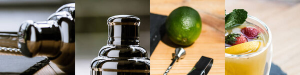 коллаж из шейкера, лайма и вкусного горячего чая с лимоном и клубникой
 