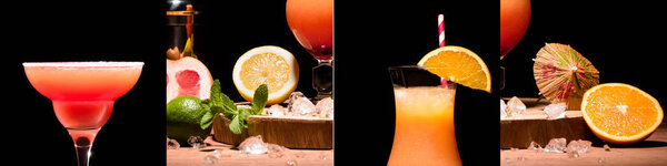 collage of alcohol cocktails near mint leaves, oranges, lime and lemon isolated on black 
