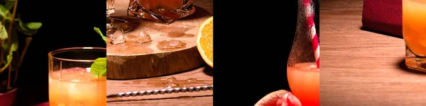 Collage Tasty Alcohol Cocktails Ice Cubes Orange — Stock Photo, Image