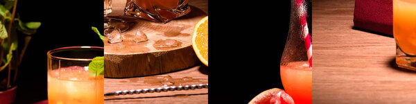 collage of tasty alcohol cocktails, ice cubes and orange 