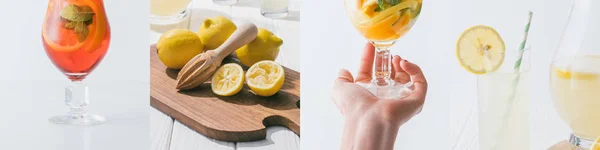 Collage Woman Holding Glass Drink Squeezed Lemons Cutting Board Drinks — Stock Photo, Image