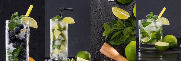 collage of tasty cocktails with blueberries, limes, mint leaves and ice cubes 