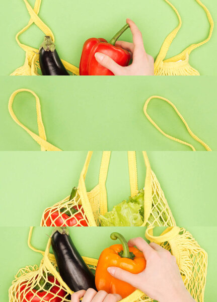 collage of woman near reusable string bag with vegetables isolated on green, eco friendly concept 